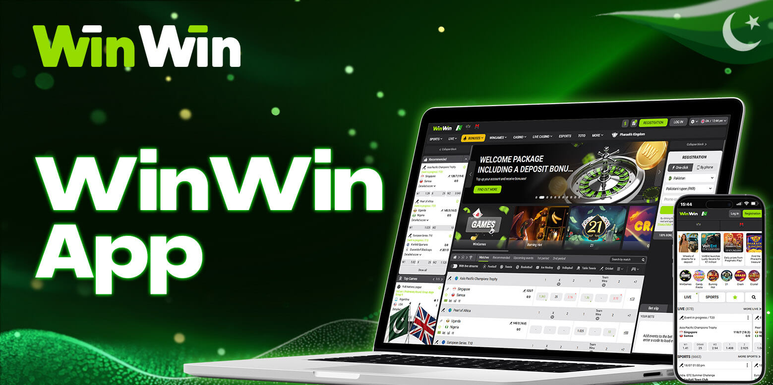 WinWin App main screen showing features for Pakistani users